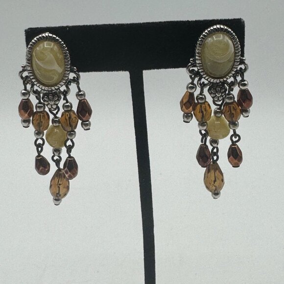 Vintage Bohemian Dangle Earrings Brown Tan Teardrop Beads - Picture 3 of 4